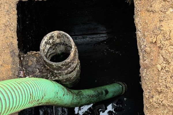 Septic tank cleaning pipe in dirt excavation with water drainage