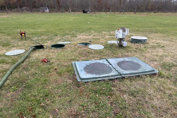 Septic cleaning in progress on grassy area with manholes and equipment